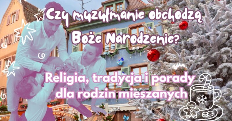 Rodzina mieszana Polka i Marokańczyk w Boże Narodzenie na tle zimowego miasta i choinki