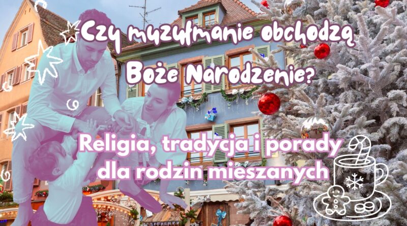 Rodzina mieszana Polka i Marokańczyk w Boże Narodzenie na tle zimowego miasta i choinki